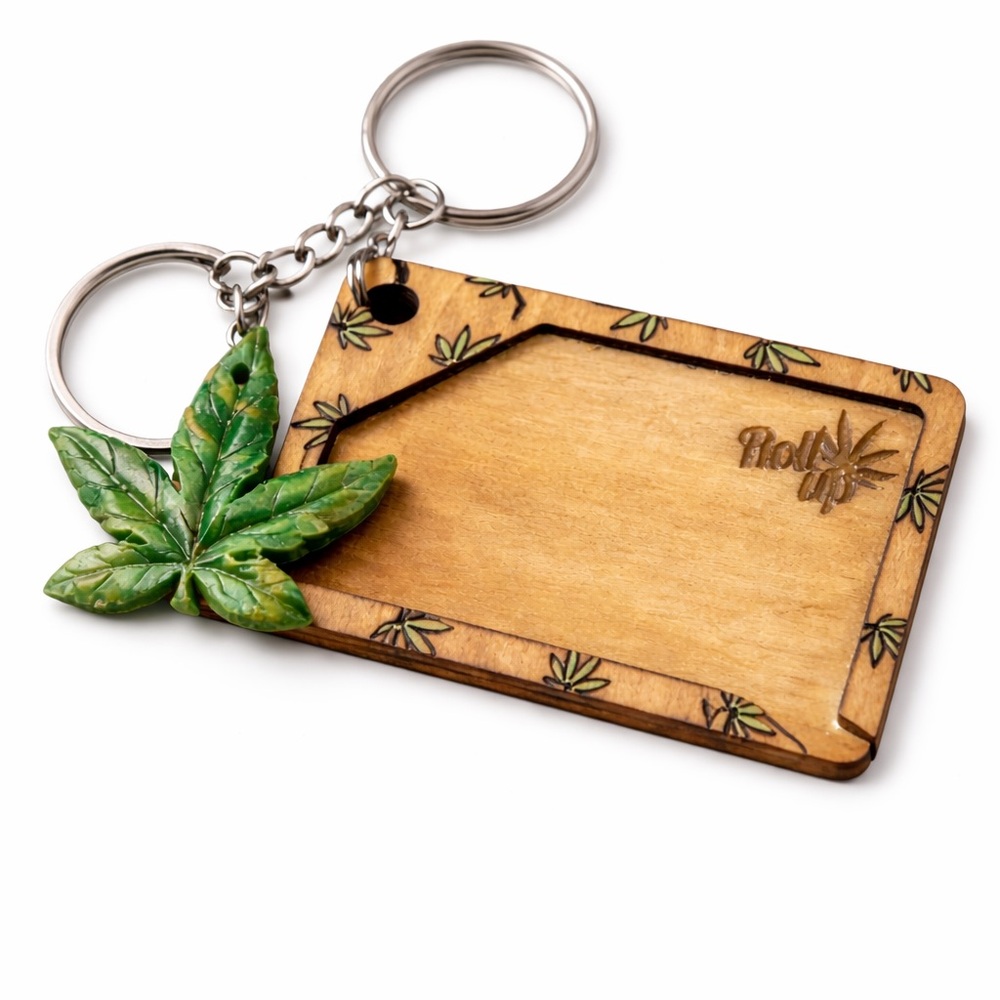 Handmade Mini Rolling Tray Keychain – Wooden Tray & Polymer Leaf